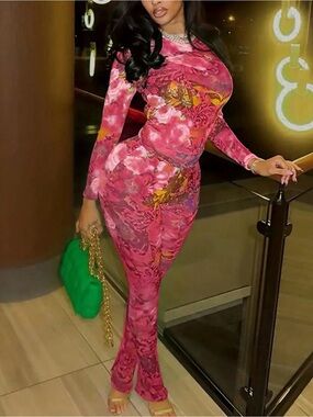 Pink Floral Two-Piece Mesh Set size S
